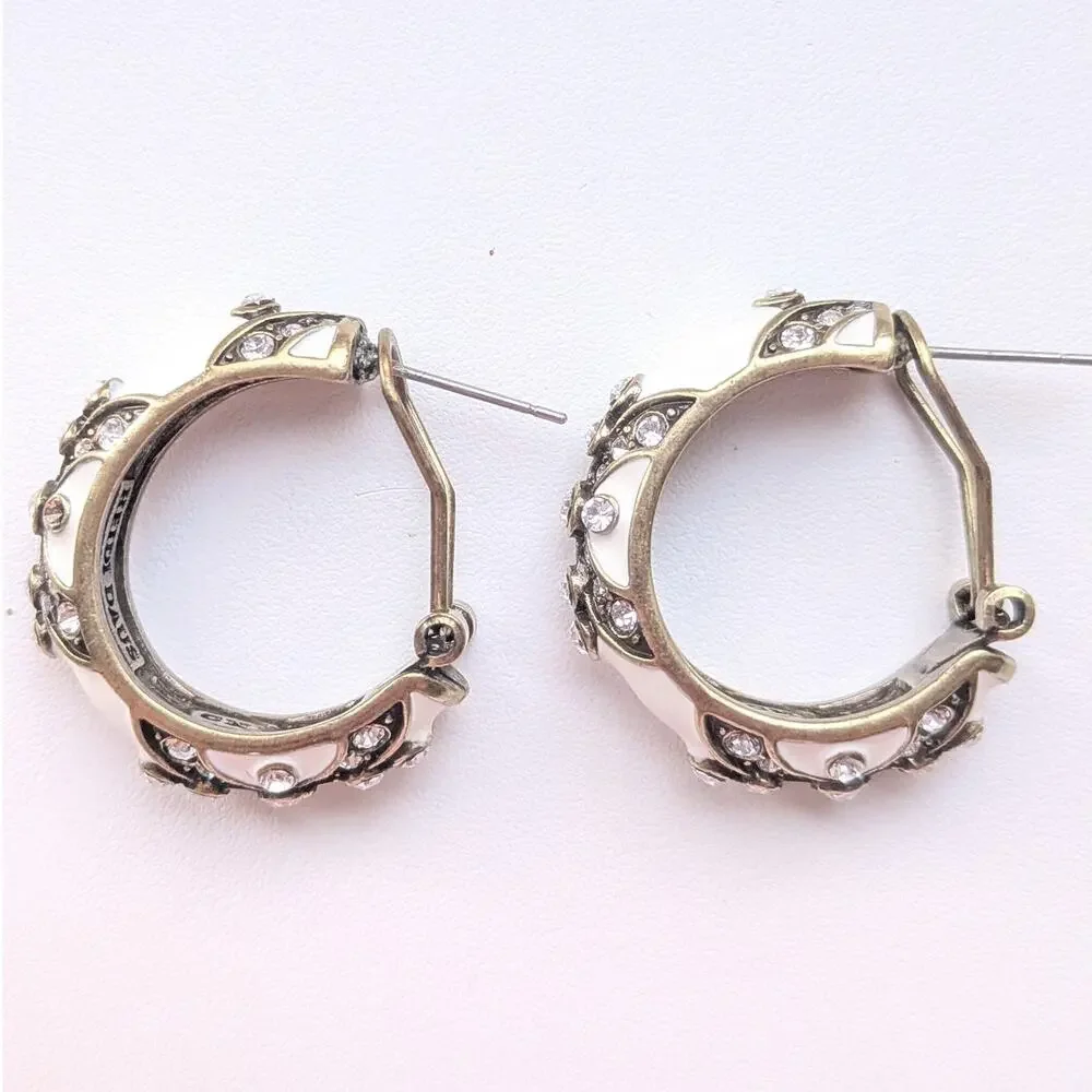 Heidi Daus Clear Crystal Rhinestone White Enamel Gold Tone Hoop Earrings